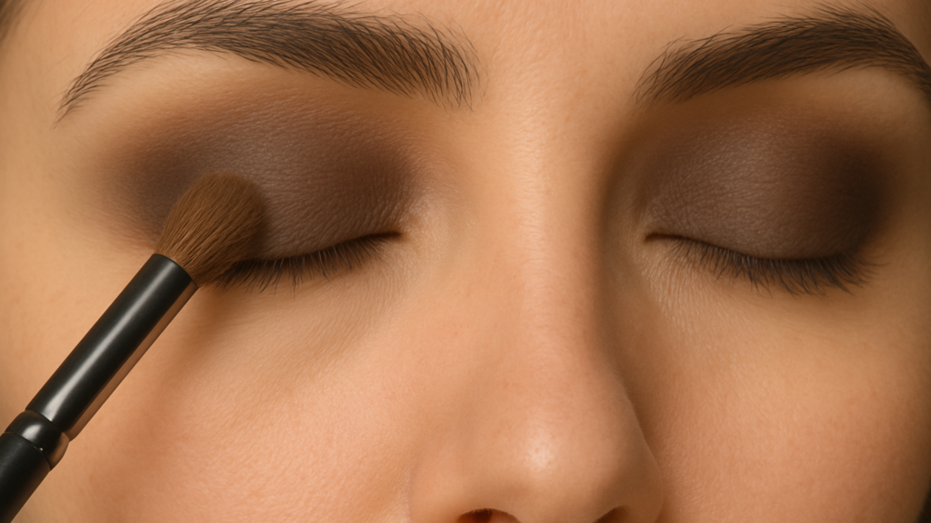 a women using a blending brush applying taupe/brown in the crease