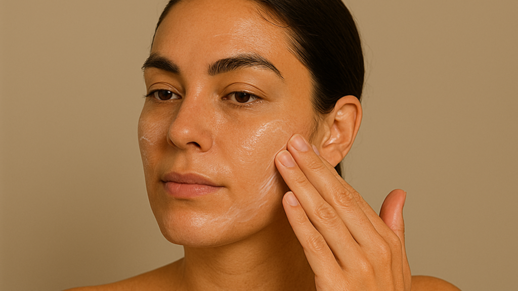 image of a women without makeup in which A makeup primer being blended onto the face for skin prep before makeup