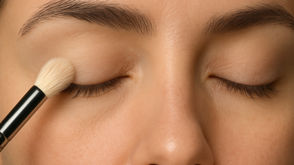 A women using a fluffy brush sweeping a light eyeshadow across the eyelid.