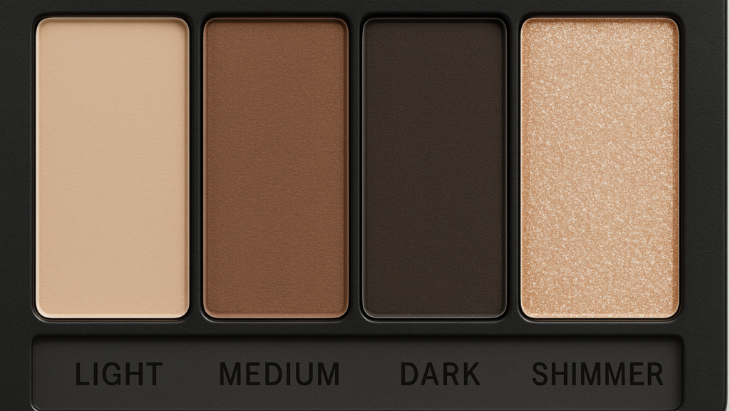 A basic eyeshadow palette with 3-4 neutral shades labeled: Light, Medium, Dark, Shimmer for smokey eye makeup