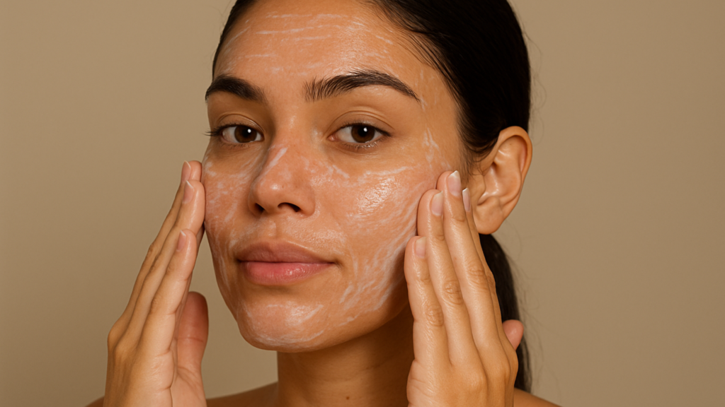  A gentle cream cleanser being massaged onto the face for skin prep before makeup