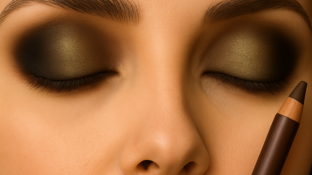 A brown pencil liner smudged softly along the lash line