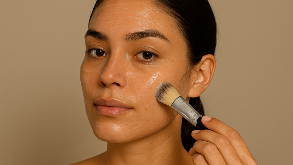A person applying a hydrating exfoliator with a soft brush for skin prep before makeup