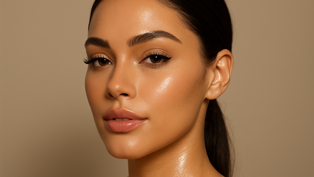  A woman with flawless, hydrated makeup after doing skin prep before makeup