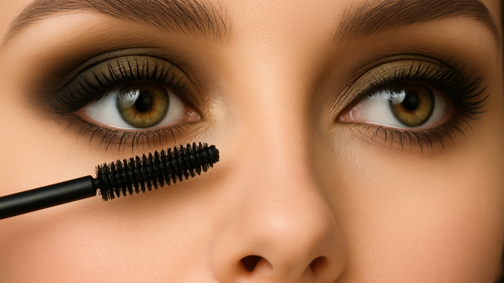 A mascara wand coating the lashes