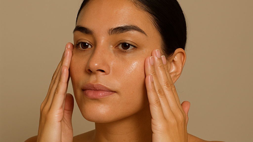 A hydrating toner being patted onto the face with hands for skin prep before makeup