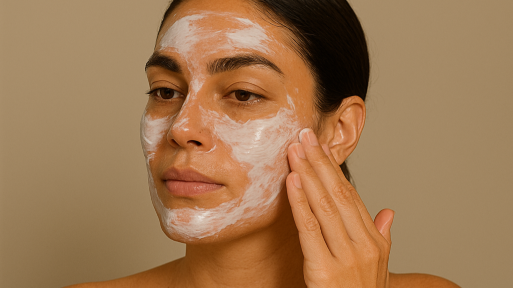 image of a women without makeup in which A thick moisturizer is being smoothed onto the face for skin prep before makeup