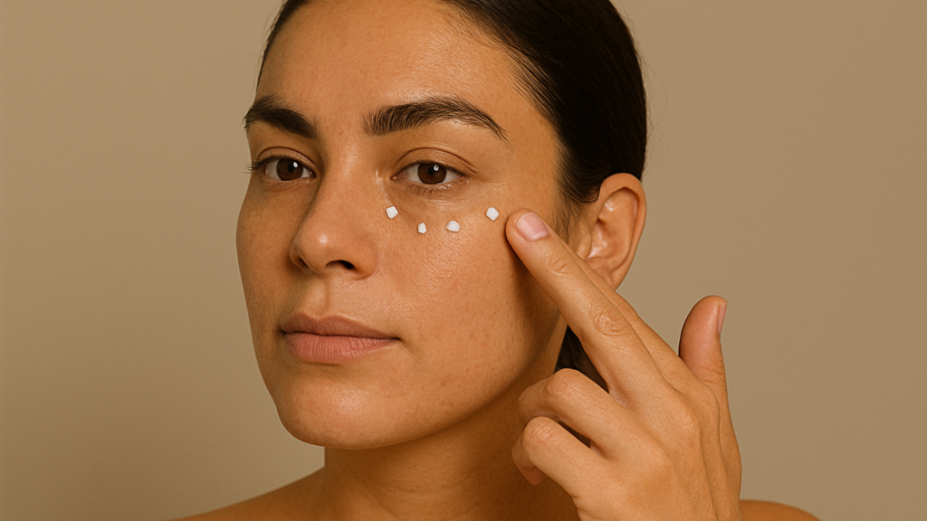 image of a women without makeup in which she is dabbing eye cream under the eyes for skin prep before makeup