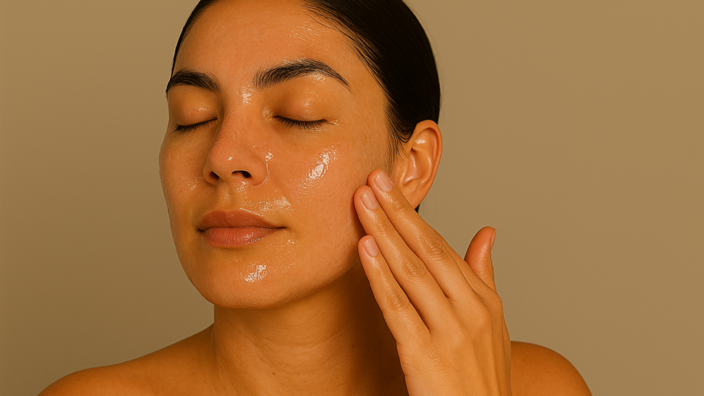 image of a women in which A sleeping face hydrating mask is applied on her face for skin prep before makeup