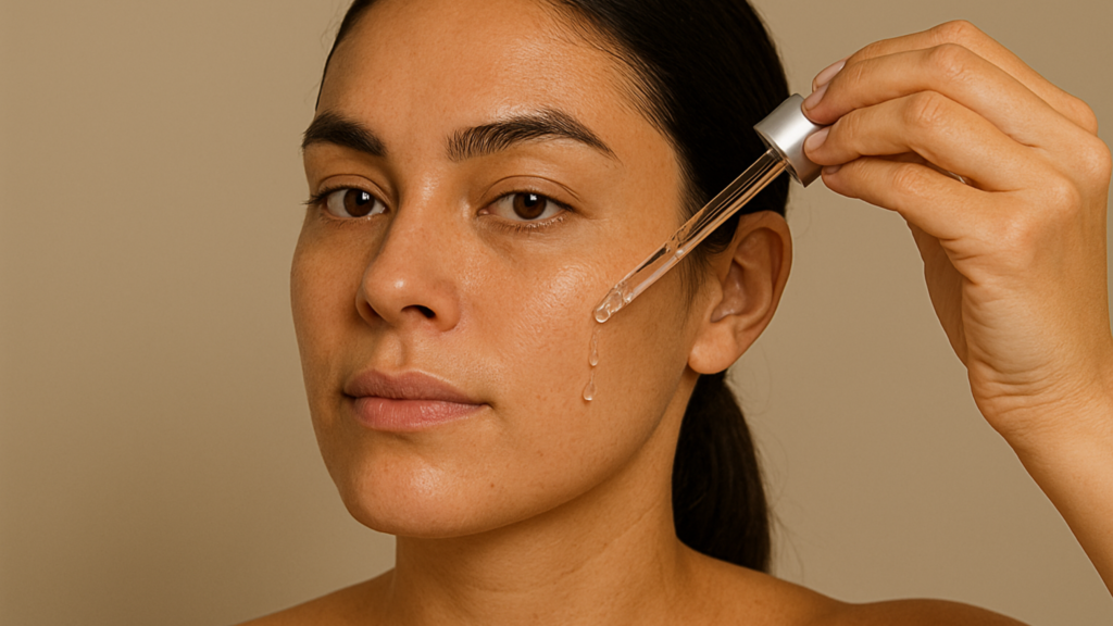 image of a women without makeup in which a dropper is used for applying hydrating serum onto the face for skin prep before makeup
