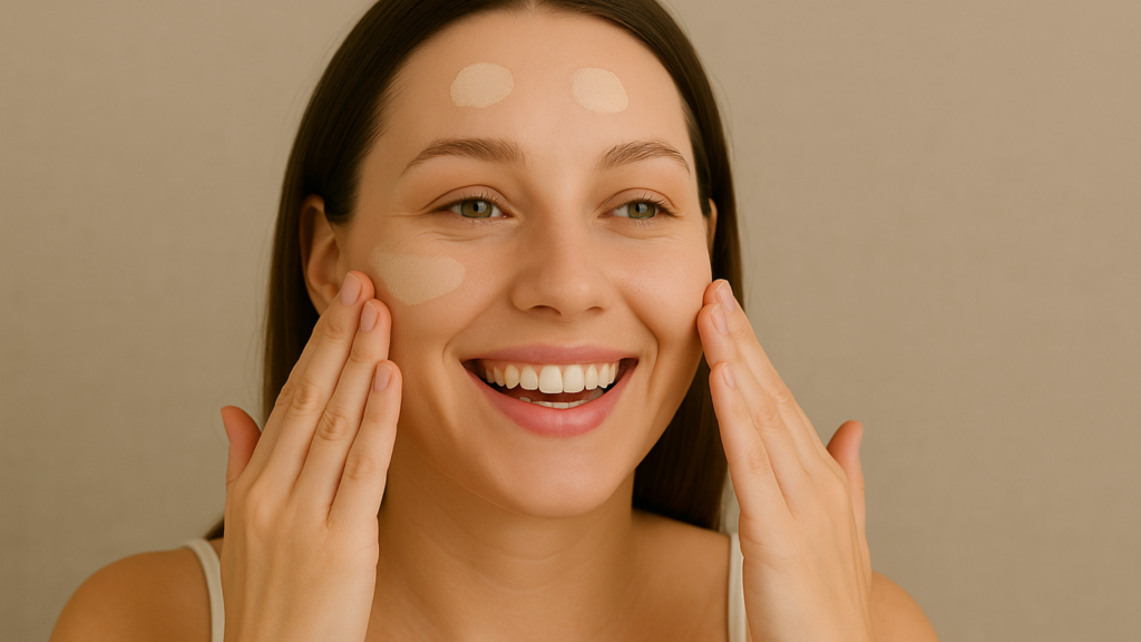 women applying bb cream on her face