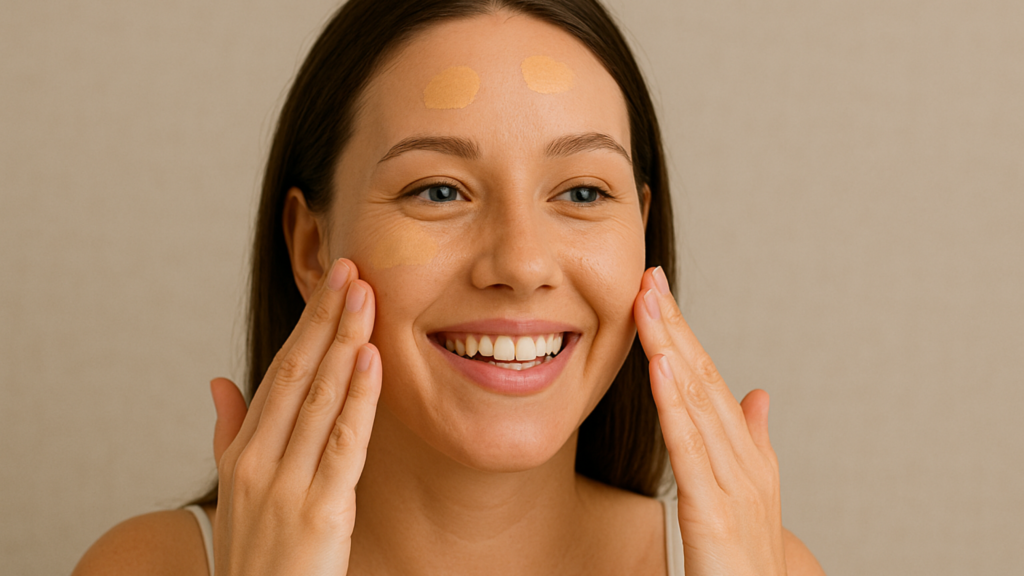 women applying CC cream on her face