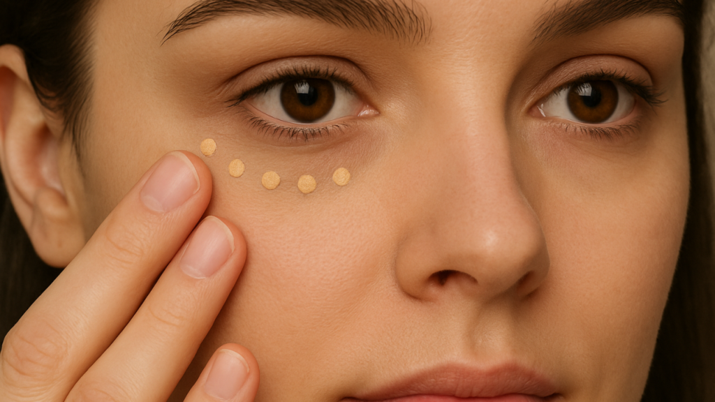 Hand applying tiny dots of concealer under the eye